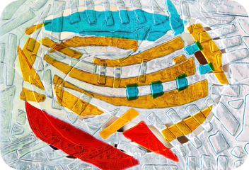 Abstrace fused glass art in translucent colours of clear, marigold yellow, red, and turquoise